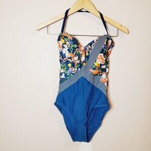 Ellen Tracy light blue floral criss-cross Full Bottom V Neck one piece swimsuit